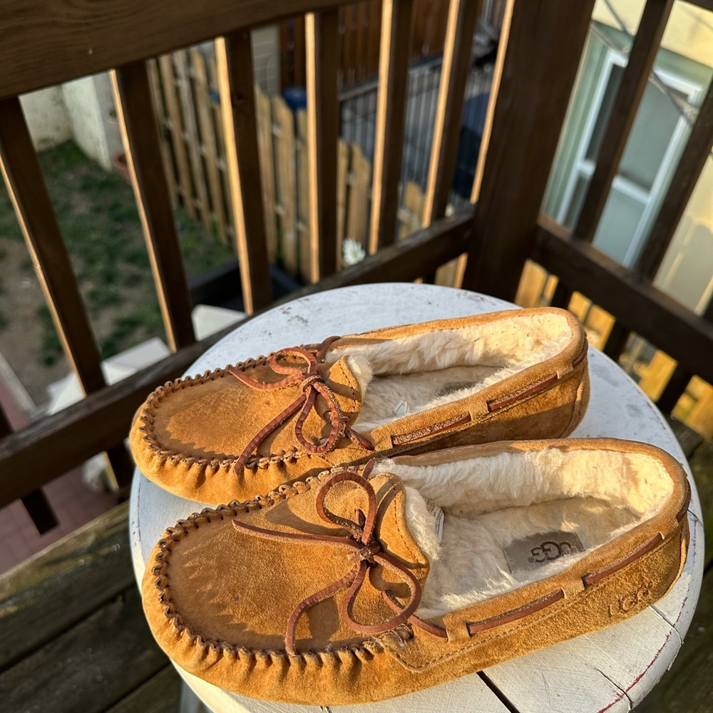 UGG Tan Suede Slippers with Plush Lining - Picture 7 of 9